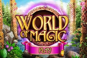 Teksti World of Magic në qendër të një sfondi me motive natyrore dhe elemente magjike të rrethuara nga bimësi e gjelbër dhe kolona dekorative