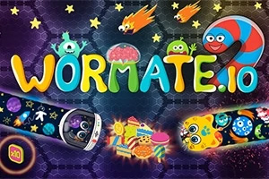 Një sfond i errët me figura shumëngjyrëshe të krimbave, objekte kozmike dhe yje rreth titullit Wormate