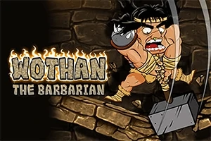Një karakter barbar muskulor që godet një bllok guri me një çekiç gjigant, me një sfond muri guri dhe tekstin Wothan the Barbarian