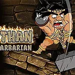 Një karakter barbar muskulor që godet një bllok guri me një çekiç gjigant, me një sfond muri guri dhe tekstin Wothan the Barbarian