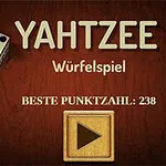 Dy zare pranë tekstit YAHTZEE Würfelspiel me një buton loje dhe një rezultat më të lartë në ekran