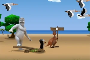 Një kangur, një pinguin, dhe një gorillë në një plazh me det dhe pelikanë në qiell