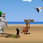 Një kangur, një pinguin, dhe një gorillë në një plazh me det dhe pelikanë në qiell