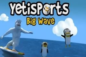 Një figurë me një njeri të bardhë gjigant duke bërë surfing dhe dy pinguinë që hidhen në një det të kaltër, me re të bardha në sfond