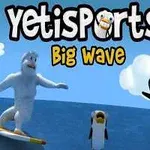 Një figurë me një njeri të bardhë gjigant duke bërë surfing dhe dy pinguinë që hidhen në një det të kaltër, me re të bardha në sfond