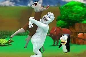 Një krijesë e bardhë me sy të mëdhenj mban në krahë një drerë të vogël me shprehje habie, me një pinguin dhe kafshë të tjera në sfondin e një peizazhi natyror
