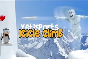 Një yeti kërcen në ajër me male të mbuluara nga dëbora në sfond, ndërsa një pinguin qëndron në një platformë akulli