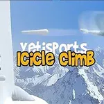 Një yeti kërcen në ajër me male të mbuluara nga dëbora në sfond, ndërsa një pinguin qëndron në një platformë akulli