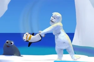 Një krijesë e bardhë në formë gorille rrotullon një pinguin në ajër pranë një dete blu me një foka që shikon