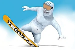Një yeti i bardhë duke bërë snowboard me një dërrasë të verdhë dhe syze mbrojtëse në sfond të kaltër