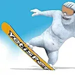 Një yeti i bardhë duke bërë snowboard me një dërrasë të verdhë dhe syze mbrojtëse në sfond të kaltër