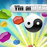 Simboli Yin dhe Yang në qendër me shumëngjyrësh forma gjeometrike që rrezatojnë nga sfondi