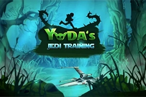 Një peizazh i pyllëzuar me një liqen ku është ulur një anije e bardhë, me figura në sfond dhe tekstin Yodas Jedi Training