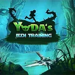 Një peizazh i pyllëzuar me një liqen ku është ulur një anije e bardhë, me figura në sfond dhe tekstin Yodas Jedi Training
