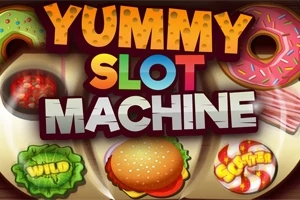 Teksti Yummy Slot Machine me simbole ushqimi si donuts, hamburgerë dhe karamele