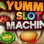 Teksti Yummy Slot Machine me simbole ushqimi si donuts, hamburgerë dhe karamele