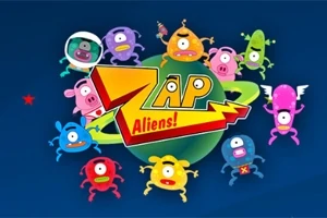 Figura tregon një grup krijesash shumëngjyrëshe aliene të vendosura rreth një planeti të gjelbër me një mbishkrim Zap Aliens!
