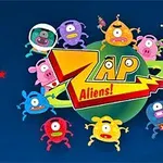 Figura tregon një grup krijesash shumëngjyrëshe aliene të vendosura rreth një planeti të gjelbër me një mbishkrim Zap Aliens!