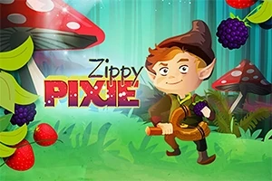 Një kukudh me veshje kafe ndodhet në një pyll me kërpudha të mëdha dhe manaferrat lartë, me tekstin Zippy Pixie