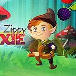 Një kukudh me veshje kafe ndodhet në një pyll me kërpudha të mëdha dhe manaferrat lartë, me tekstin Zippy Pixie