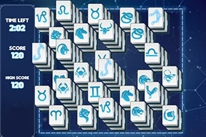 Një grup pllakash me simbole zodiaku të renditura në rreshta të ndryshme mbi sfond blu, me tregues të kohës dhe pikëve në anën e majtë