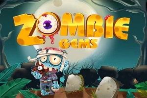 Një zombie simpatik me sy të mëdhenj qëndron në një varrezë nën një hënë të plotë, me gërma të mëdha që thonë Zombie Gems
