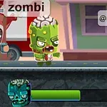 Zombi jeshil me tru të dukshëm ecën në një rrugë, i rrethuar nga personazhe të tjerë dhe flluska me tekst, me një shirit gjendjeje poshtë