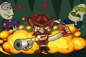 Një burrë me kapelë kauboji është duke luftuar kundër dy skeleteve, me një shishe në njërën dorë dhe një armë në tjetrën, në sfond me shpërthime të verdha