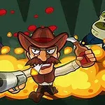 Një burrë me kapelë kauboji është duke luftuar kundër dy skeleteve, me një shishe në njërën dorë dhe një armë në tjetrën, në sfond me shpërthime të verdha
