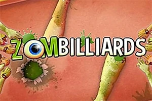 Fjala Zombilliards është e shkruar në qendër të imazhit me sfond me ngjyra të verdha dhe portokalli dhe figura të ngjashme me zombi rreth saj