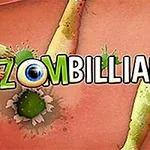 Fjala Zombilliards është e shkruar në qendër të imazhit me sfond me ngjyra të verdha dhe portokalli dhe figura të ngjashme me zombi rreth saj