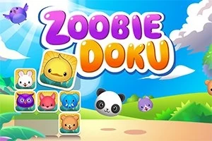Një sfond ngjyrash të ndritshme me kafshë të animuara si panda dhe mjellma, me shkronja të mëdha shumëngjyrëshe që thonë Zoobie Doku