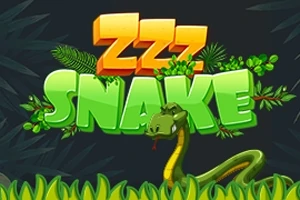 Teksti ZZZ Snake në ngjyrë jeshile dhe portokalli mbi një sfond me gjethe dhe një gjarpër në pjesën e poshtme